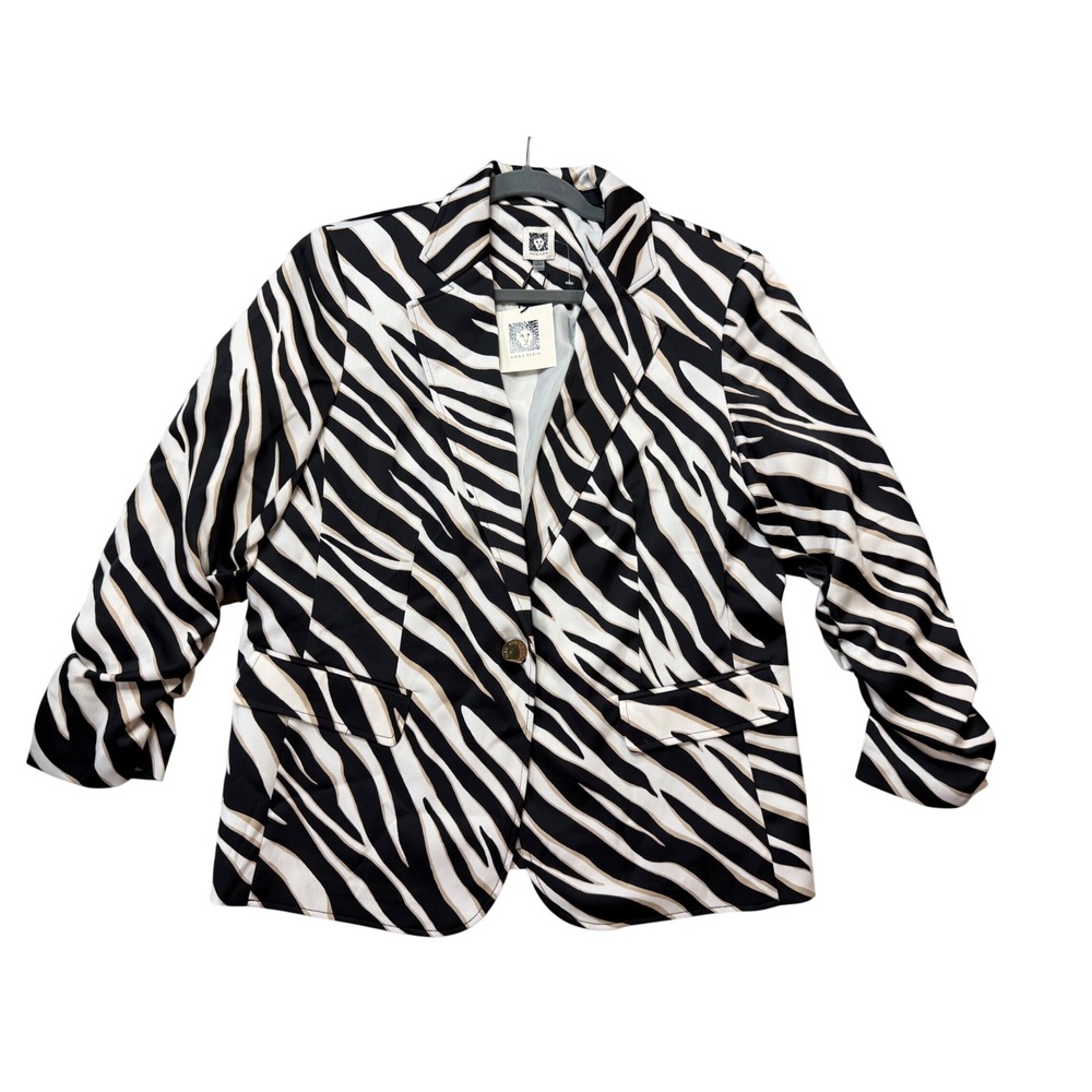 Anne Klein Blazer Womens Large Black Latte NWT Zebra Print Ruched Sleeve Jacket